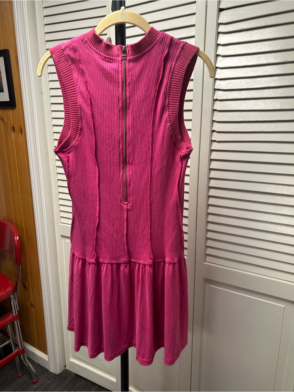 Nwot buzzer beater Sleeveless Ribbed Drop-Waist Mini Dress in Bright Pink - Picture 7 of 8